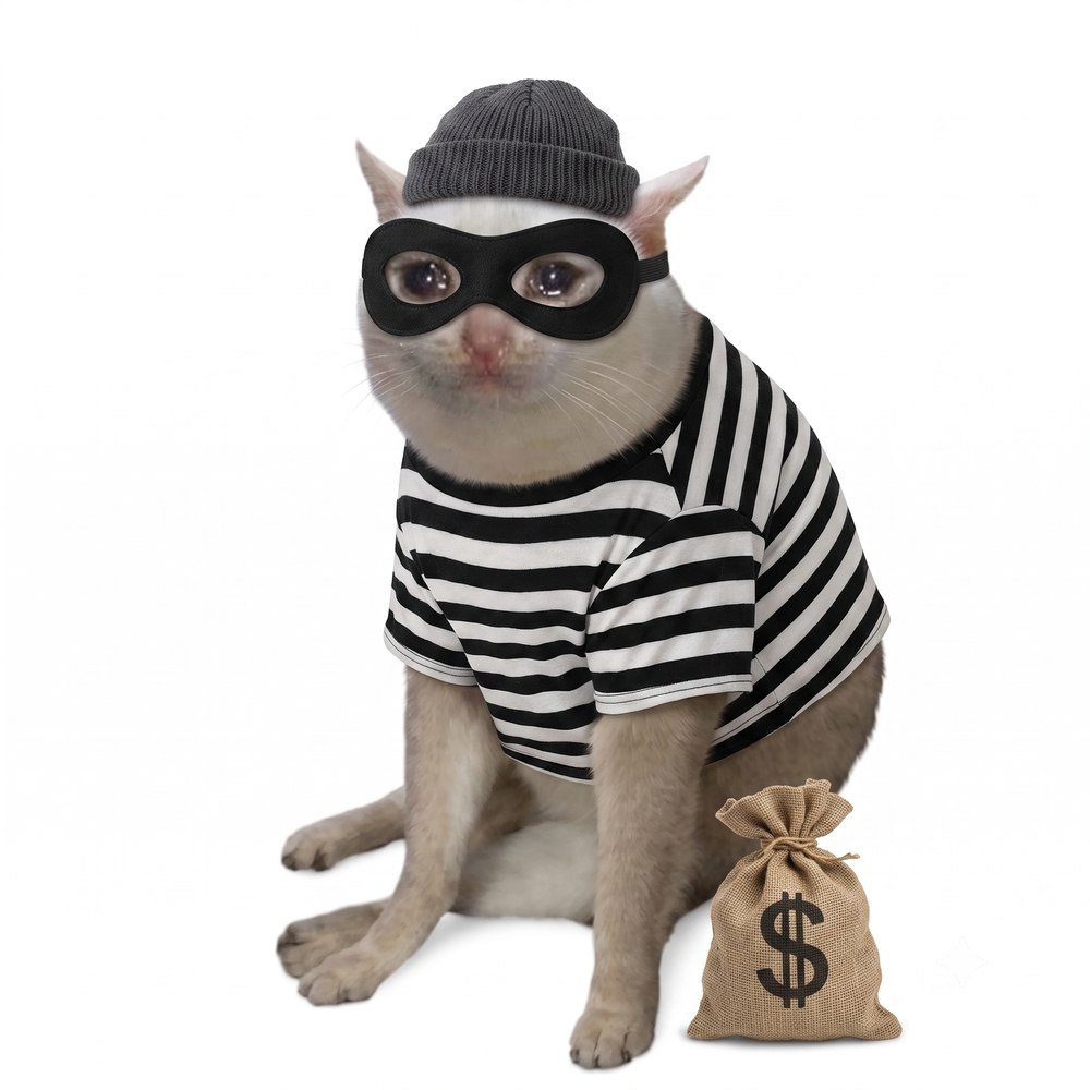 Rob Cat, the wanted heist cat, in mask, beanie and striped shirt with a burlap money sack